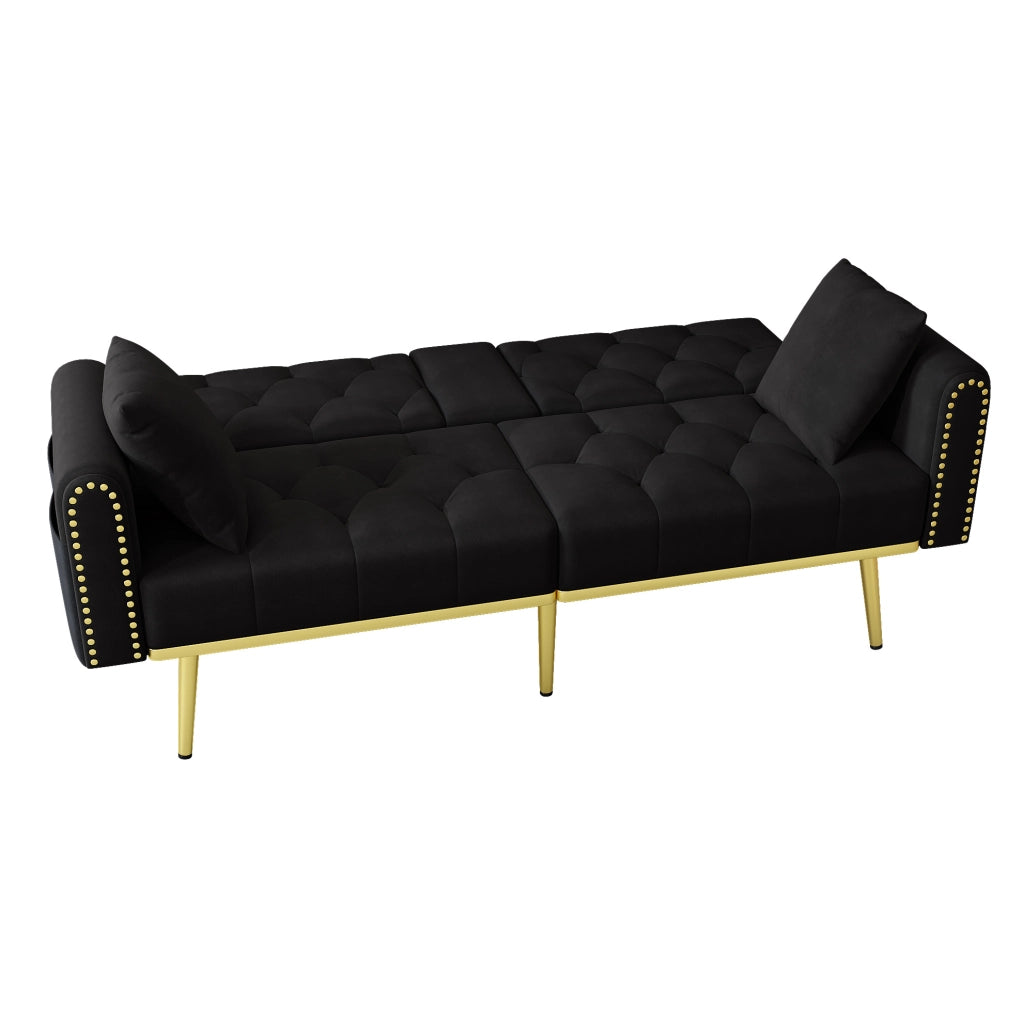 Divano letto 2 posti 175x80x73.5 cm con schienale regolabile e portabicchieri in velluto nero