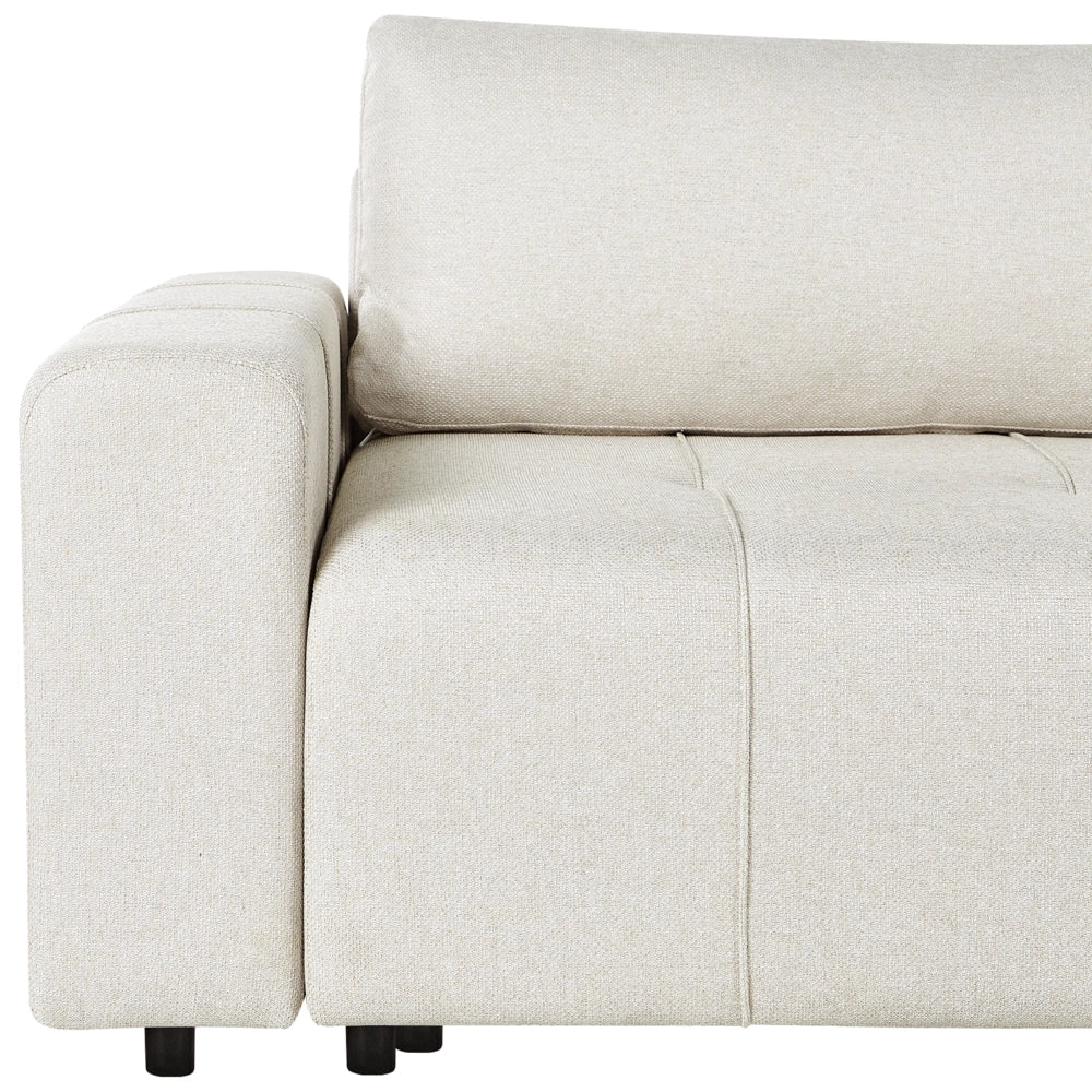 Divano imbottito a 4 posti ad angolo in tessuto beige chiaro con braccioli porta riviste e contenitore stile moderno soggiorno