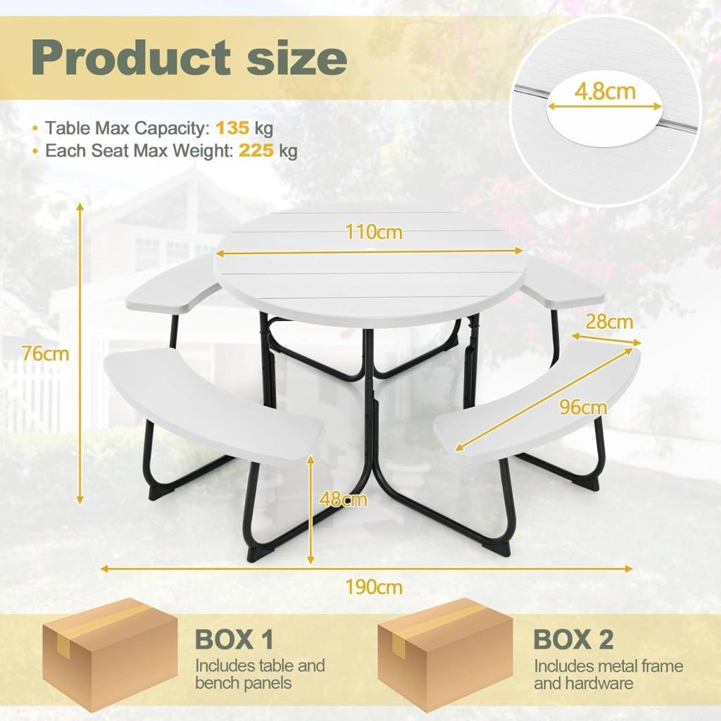 Set da Giardino per 8 Persone, Tavolo Rotondo da Picnic con 4 Panche, Tavolo da Birra in HDPE con Foro per Ombrellone, Set da Esterno Resistente