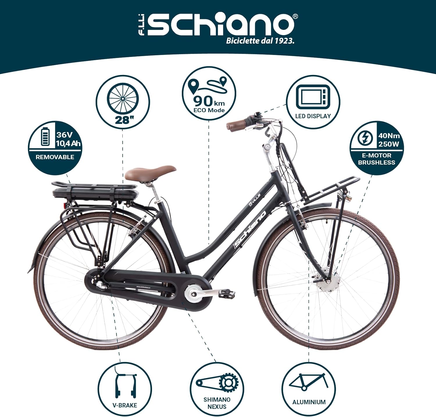 F.LLI SCHIANO E-VILLE 28" E-Bike, Bicicletta Elettrica da CittÃ  con Motore 250W e Batteria 36V 10.4Ah, display LED, n