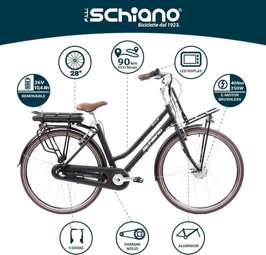 F.LLI SCHIANO E-VILLE 28" E-Bike, Bicicletta Elettrica da CittÃ  con Motore 250W e Batteria 36V 10.4Ah, display LED, n