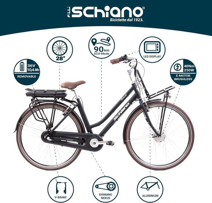 F.LLI SCHIANO E-VILLE 28" E-Bike, Bicicletta Elettrica da CittÃ  con Motore 250W e Batteria 36V 10.4Ah, display LED, n