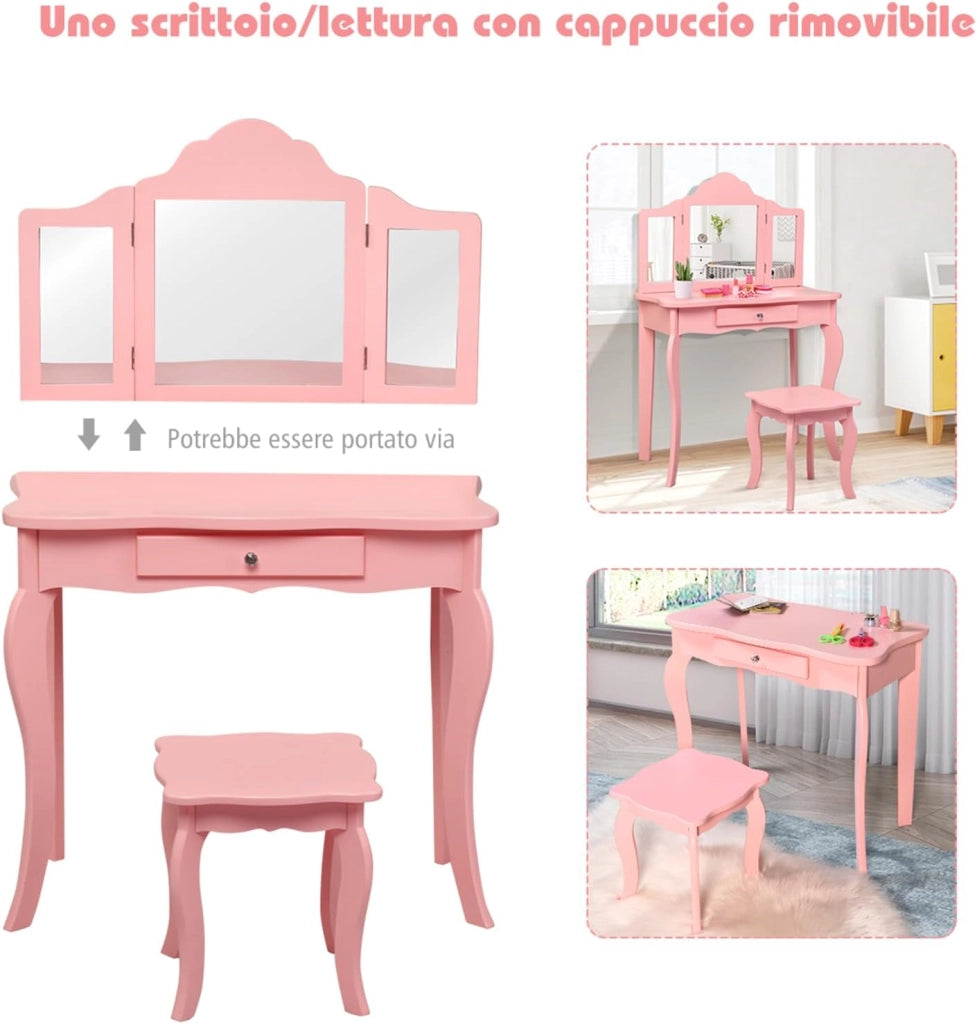 2-in-1 Toeletta Trucco Bambina, Tavolo da Trucco per Bambini con 3 Specchio e Sgabello, Postazione Trucco con 1 Cassetto, 3-7 Anni (Rosa)