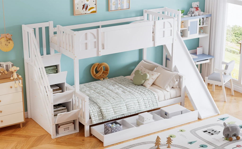 LETTO A CASTELLO con finestra, scivolo e scala contenitore 90x200 cm bianco