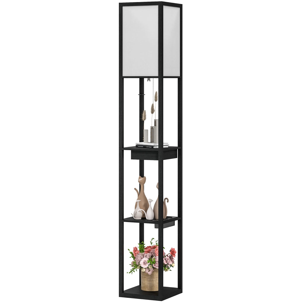 Lampada da terra con scaffale 3 livelli, interruttore a pedale, porte USB ¨C zephmum ¨C MDF, nero