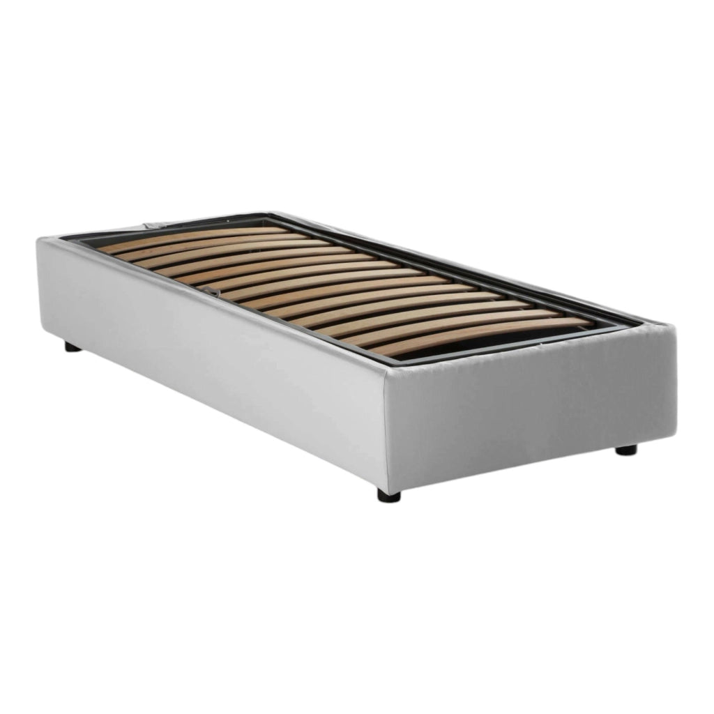 Letto singolo Addison, Letto contenitore con rivestimento in tessuto, Made in Italy, Apertura frontale, con materasso cm 90x190 incluso, Bianco