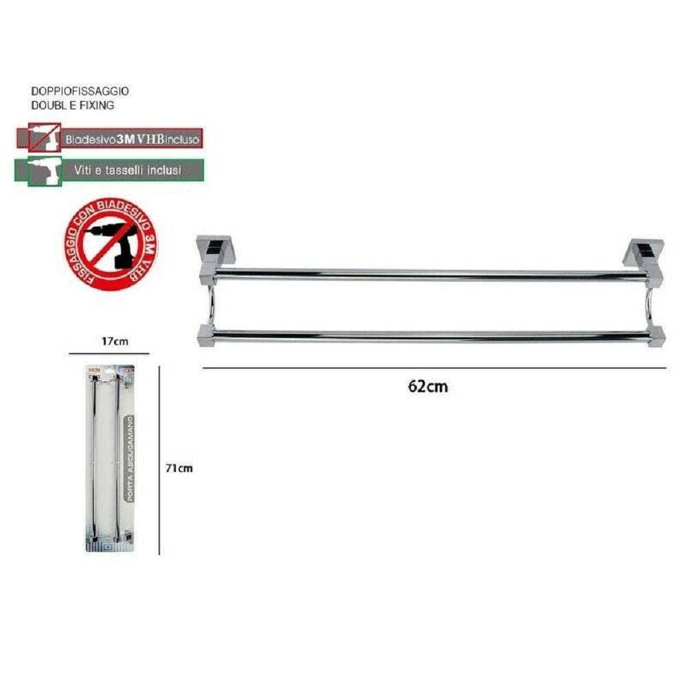 Trade Shop - Porta Asciugamani Doppio In Acciaio Bagno Fissaggio A Parete 60cm Square 59192 -