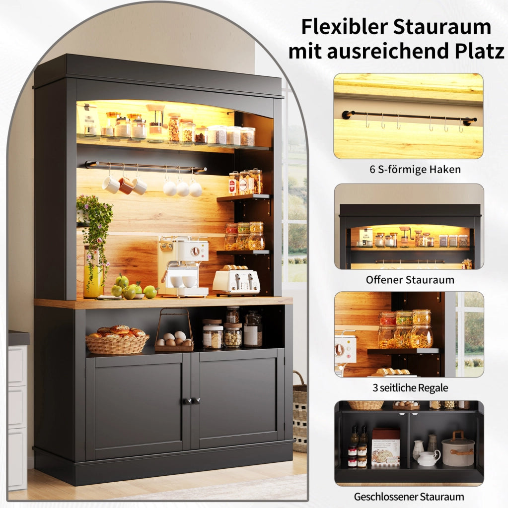 Mobile cucina alto 107x43x184 cm con LED, ripiani aperti e anta nera