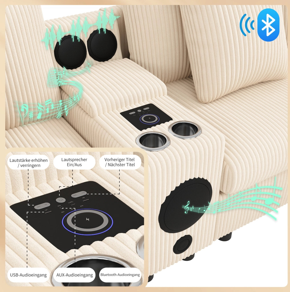 Divano modulare U/L in velluto a coste beige con console Bluetooth; ricarica wireless; USB e Type-C