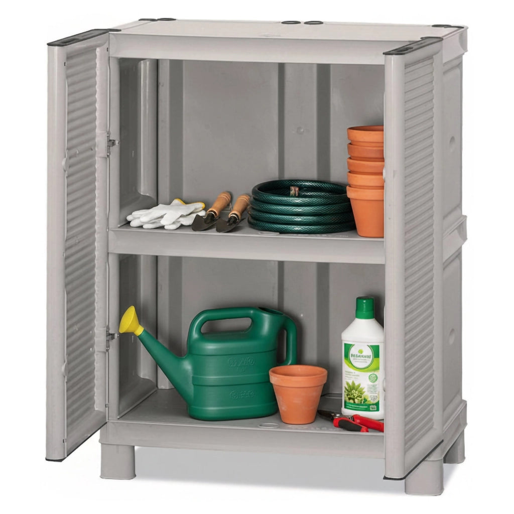 Mobiletto multiuso da esterno o Arlinda, Armadio basso a 2 ante e 1 ripiano in polipropilene, 100% Made in Italy, cm 70x39h92, colore Grigio chiaro