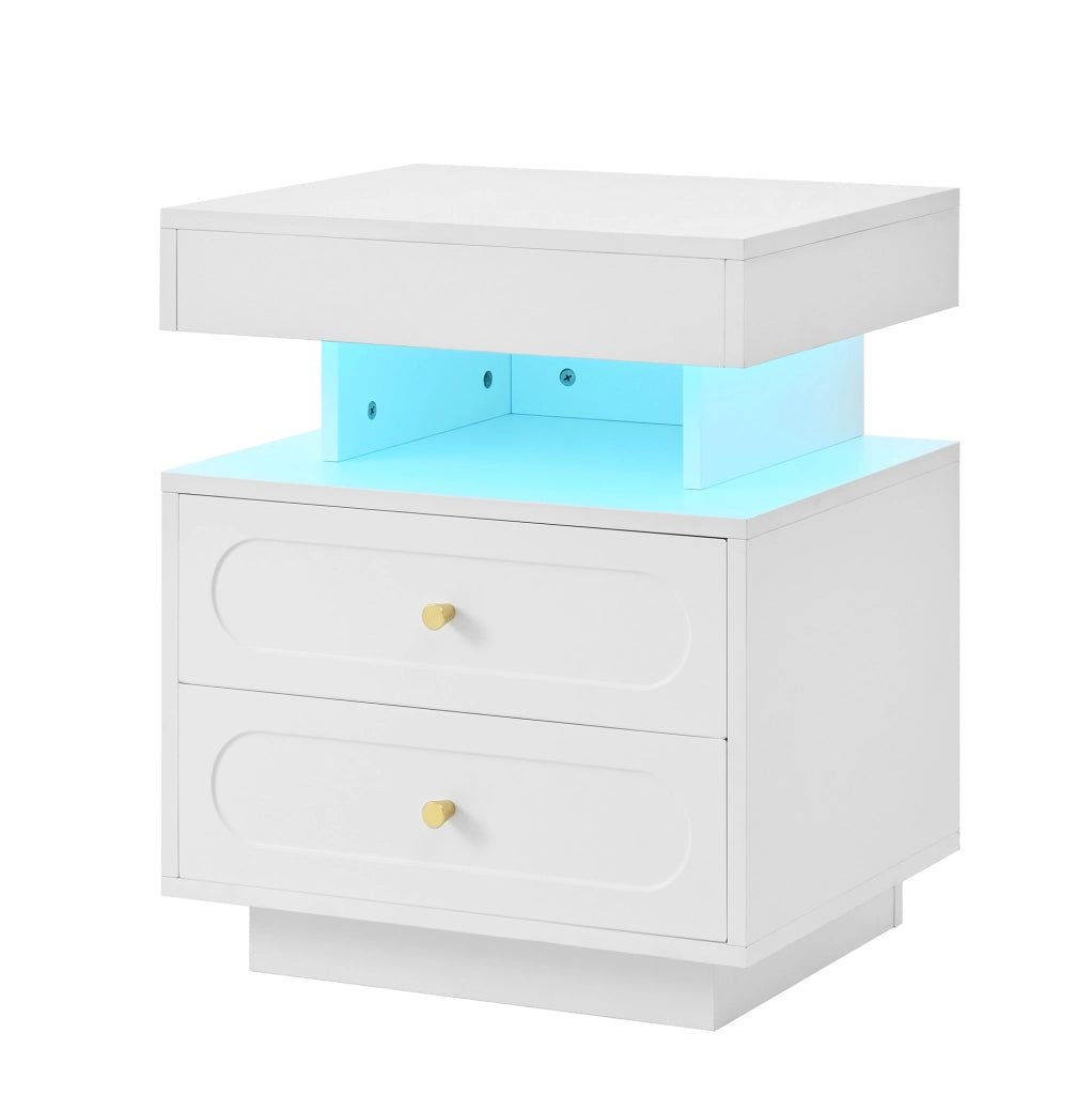 Comodino LED con 2 Cassetti e Ripiano Aperto, Bianco, 50x40x60 cm
