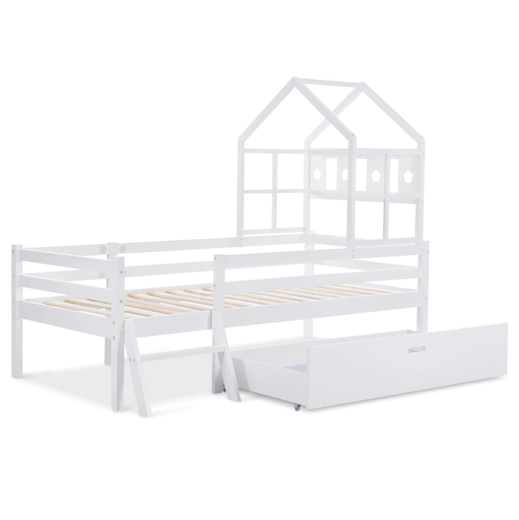 Letto a castello per bambini 207x97x159 cm con scala e cassetto; legno; bianco