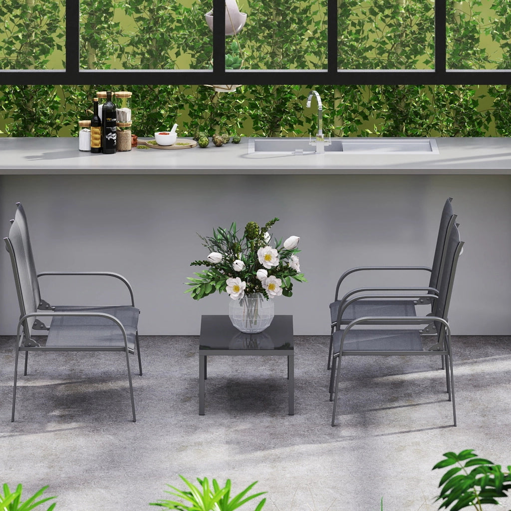 Set da Giardino 4 Pezzi con Divano 2 Sedie e Tavolino Basso con Piano in Vetro Rivestimento in Textilene Nero