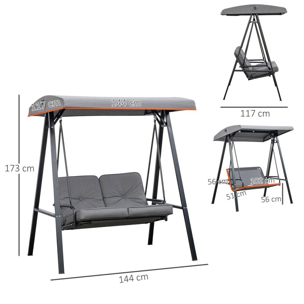 Dondolo da Giardino 2 Posti 144x117x173 cm con Tettuccio Regolabile e Cuscini in Acciaio e Poliestere Grigio