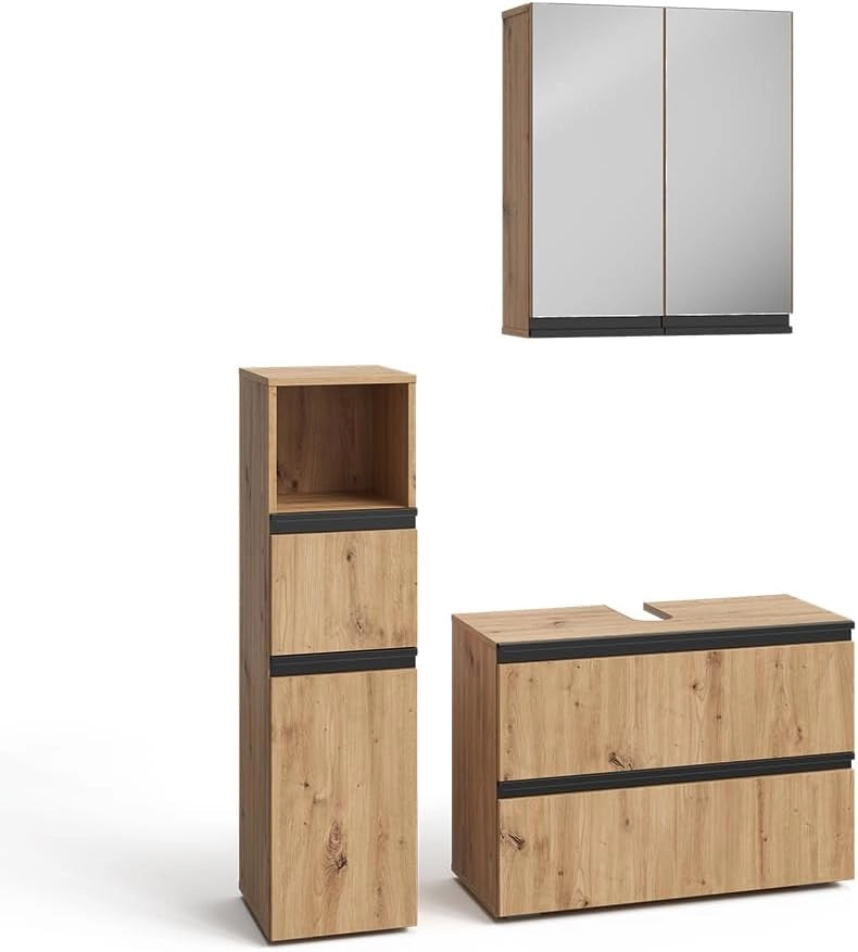 Set di mobili da bagno Torren, Artigiano, 80 cm, composto da mobile sottolavabo, specchiera e mobile medio