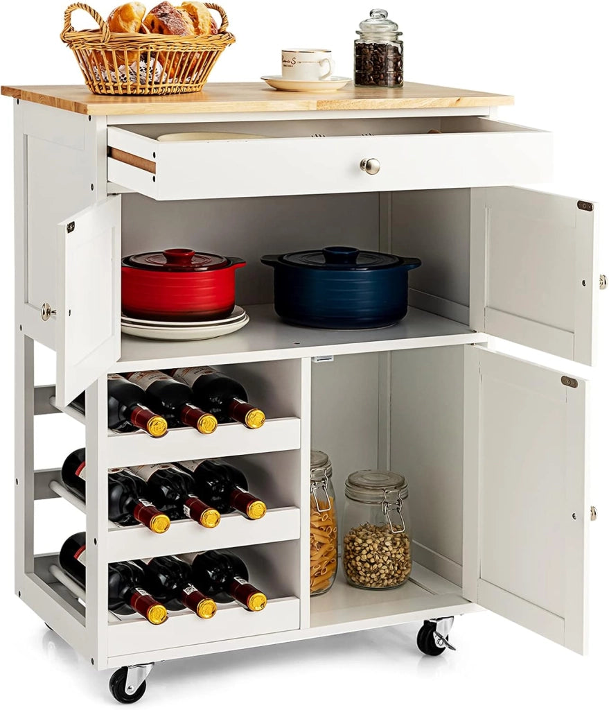 Carrello centrale con ripiani e piano di lavoro in legno di hevea, carrello con ruote e cassetto, 2 armadi, portabottiglie a 3 livelli, carrello con ruote, 67 x 37 x 86 cm (Bianco)