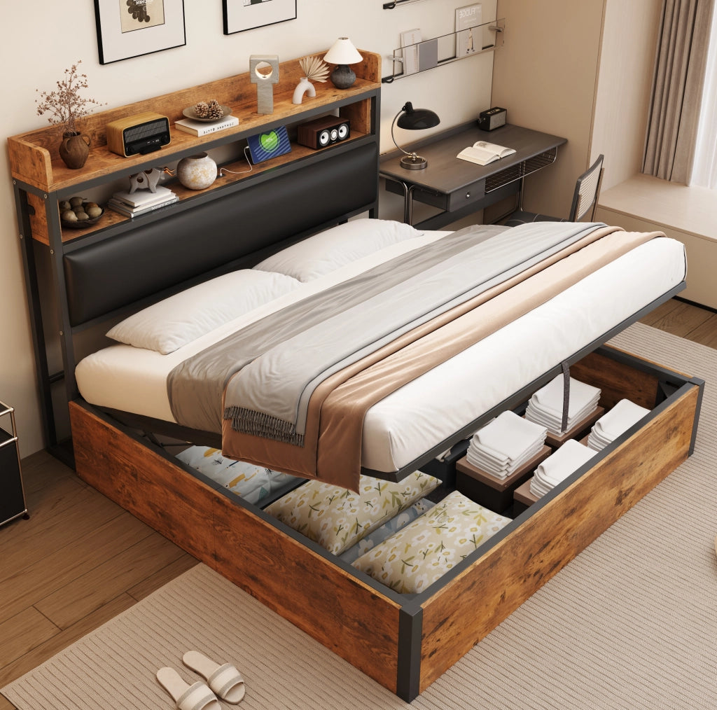 Letto matrimoniale 180x200 cm con contenitore idraulico; USB; testiera imbottita; nero