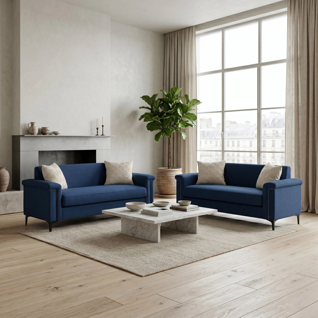 Divano Lineare 2 Posti Scandinavo con Seduta Imbottita e Gambe in Metallo in Poliestere Blu 172 cm