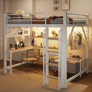 Letto a soppalco 140x200 cm con scrivania LED e USB, bianco