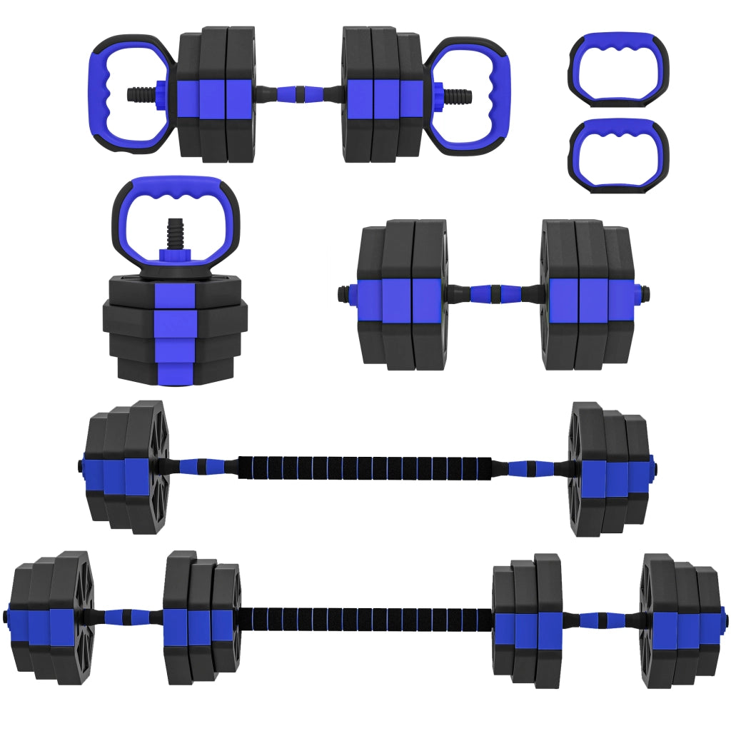 Set Pesi da Palestra 6 in 1 in Plastica e Sabbia Utilizzabile come Kettlebell Manubri Bilanciere Supporto Blu