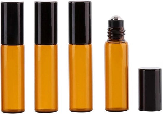 Roll-on Flessa 5ml - Confezione da 4 - Roll-on Flessa in Pelle Nera - Vuota con Rotolo in Acciaio Inox - Olio Essenziale per Parfum e Aromaterapia