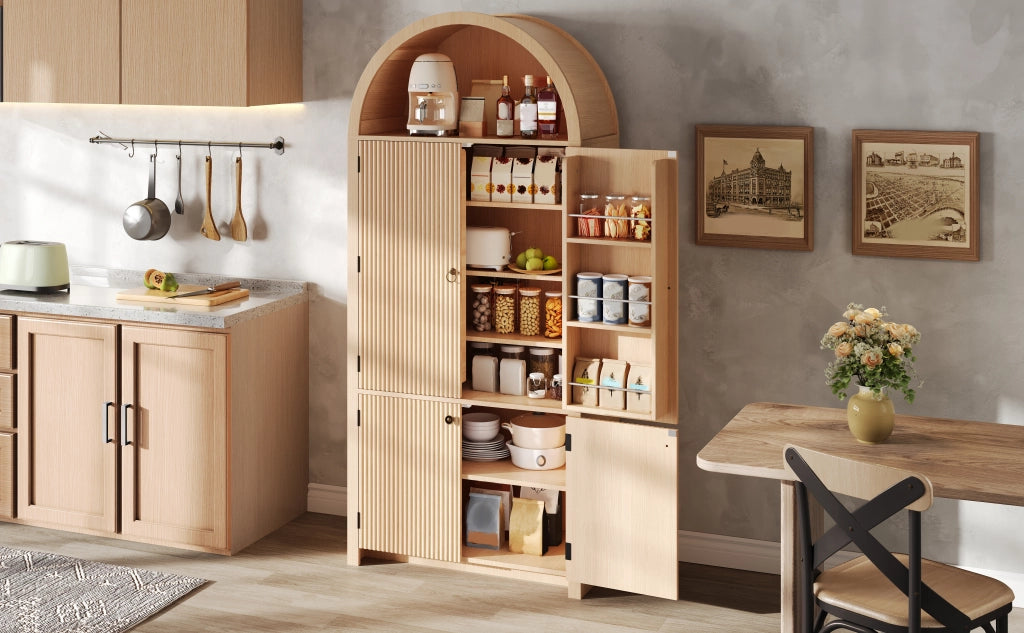 Armadio ad arco con 3 ripiani, 2 vani sulle ante e vano aperto superiore, per soggiorno, in MDF naturale, 80 × 40 × 180 cm