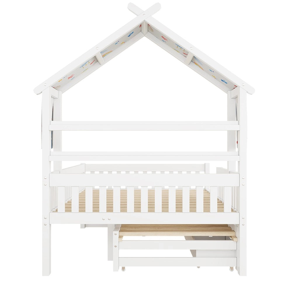 Letto Casetta con Letto Estraibile, 3 Cassetti e Sponde ¨C Xylo ¨C Bianco 140x200