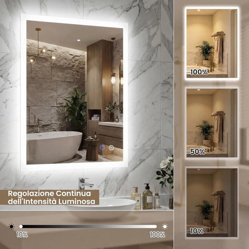 Specchio da Bagno LED 80 x 60 cm, Specchio da Parete Rettangolare con Anti-appannamento, Memoria, 3 Colori di Luce, Dimmerazione Continua e Vetro Temperato Infrangibile (80 x 60 x 3 cm)