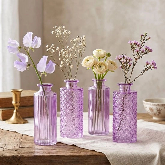 Set di vasche da fiori in vetro da 4 - Decorazione da tavolo - Decorazione con lente - Pastello viola - Altezza 14 cm