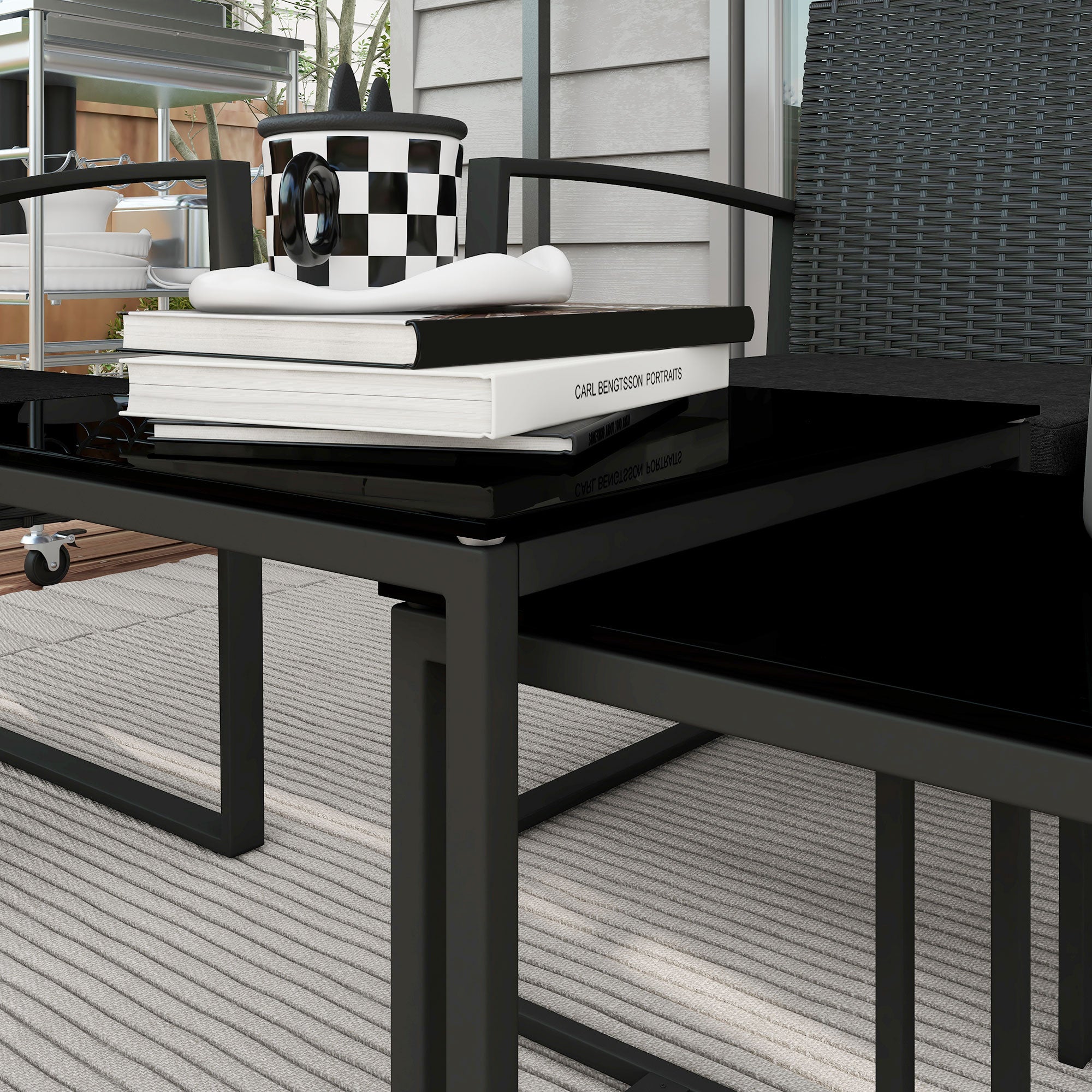 Set da Giardino Divano 2 Poltrone e 2 Tavolini Piano in Vetro   Nero