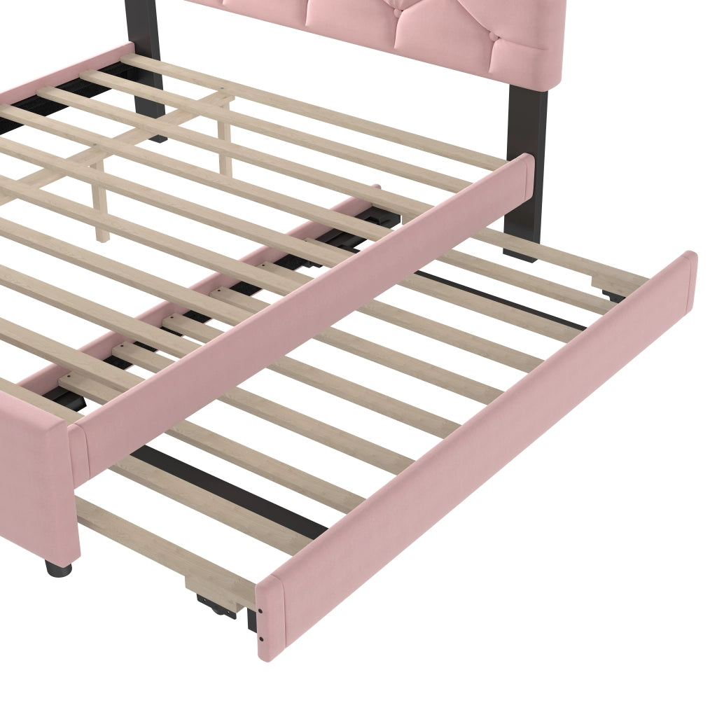 OKWISH Letto con Cassetti 140×200 cm, Letto Matrimoniale con Letto Estraibile, Testiera con Bottoni e Rete, senza Materasso, Velluto, Rosa