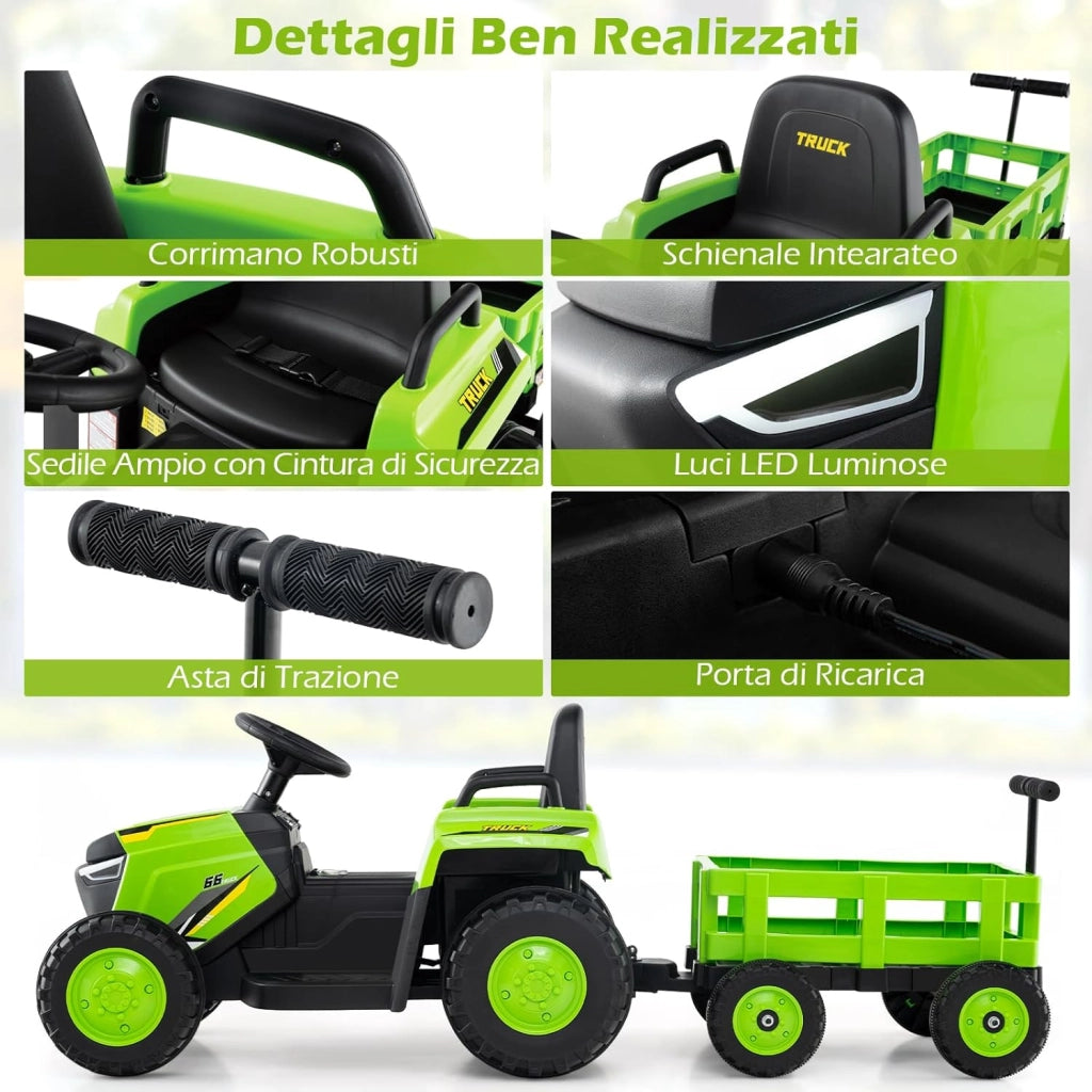 12V Trattore Elettrico per Bambini, Trattore a Pedali con Rimorchio Staccabile Controllo Remoto Fari LED Clacson e Musica, Macchina Elettrica per Bambini 37-95 Mesi (Verde)