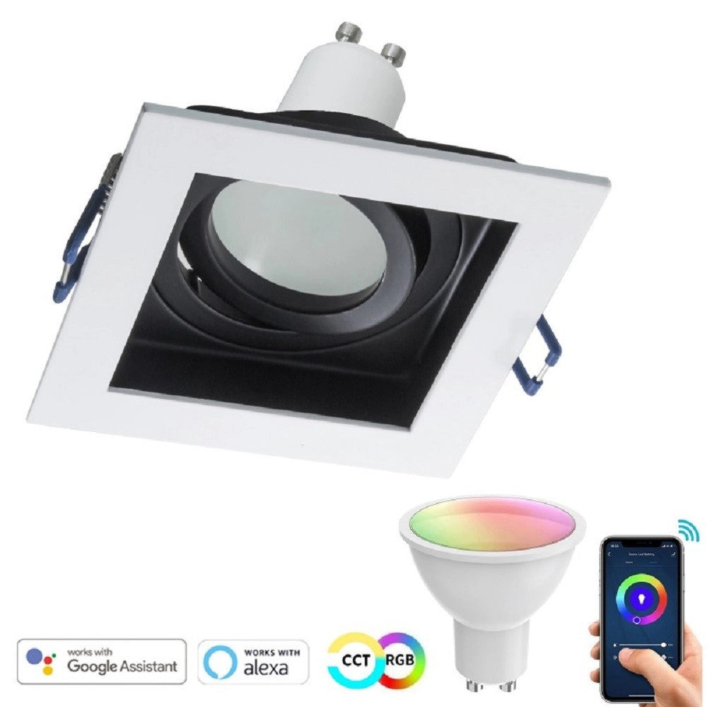 Trade Shop - Faretto Led Incasso Quadrato Smart Alexa Google Lampada Gu10 5w Wifi Rgb Cct 9cm - Bianco E Nero