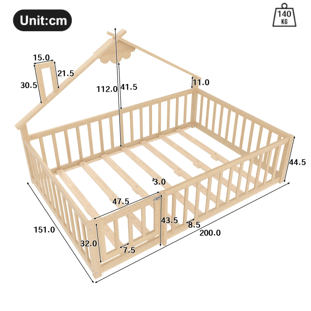 Letto per bambini 140x190 cm; casetta con sponde e serratura; legno; colore naturale (Senza materasso)