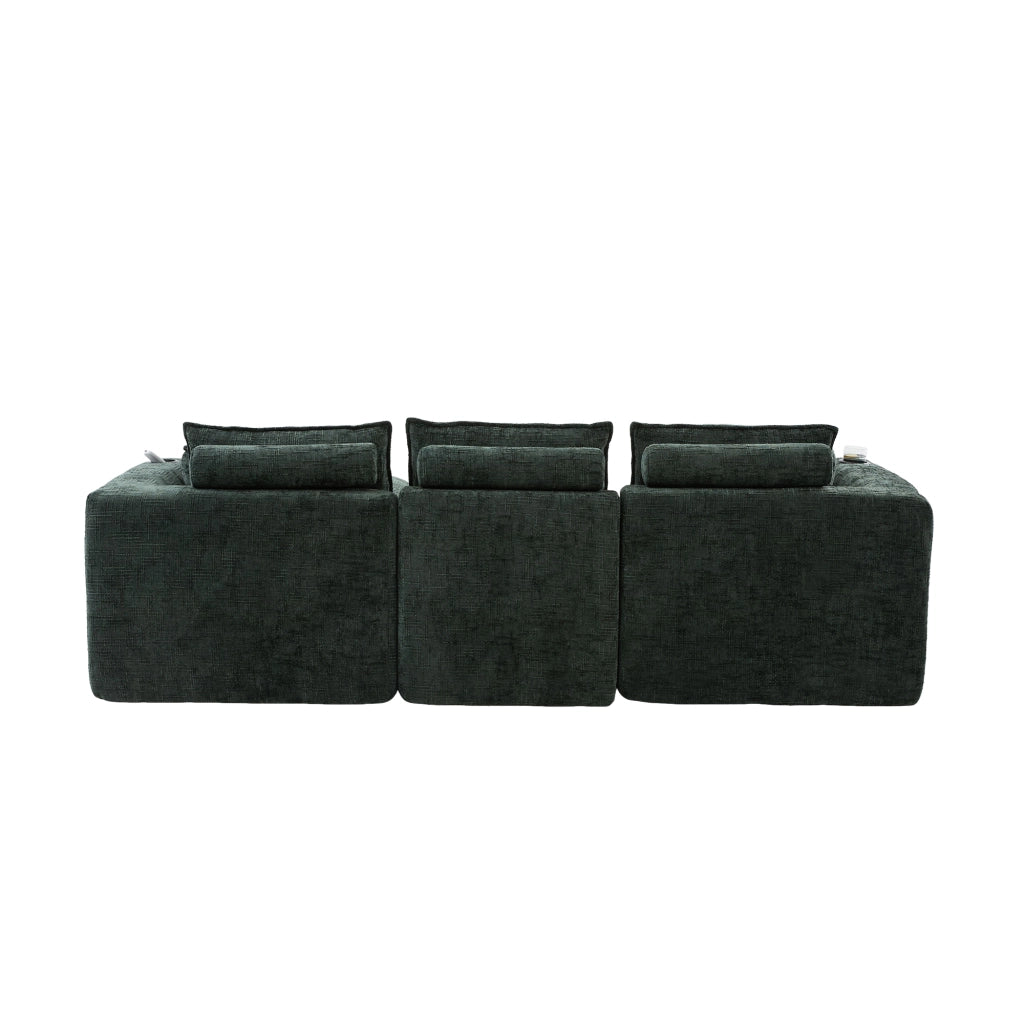 Divano modulare 3 posti con pouf tasche laterali e cuscini imbottitura in schiuma e molle insacchettate ciniglia verde