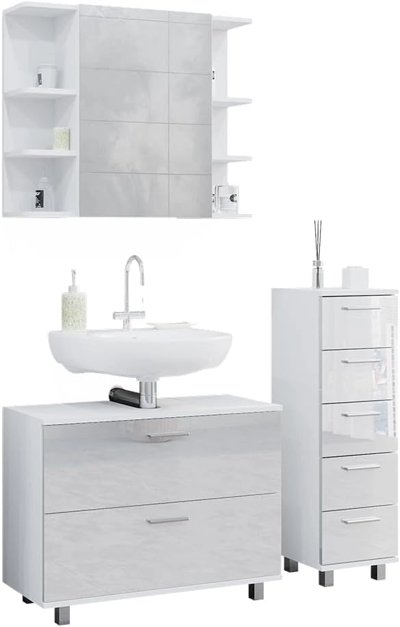 Set di mobili da bagno Ilias, Bianco lucido, 80 cm, composto da mobile sottolavabo, specchiera e mobile medio