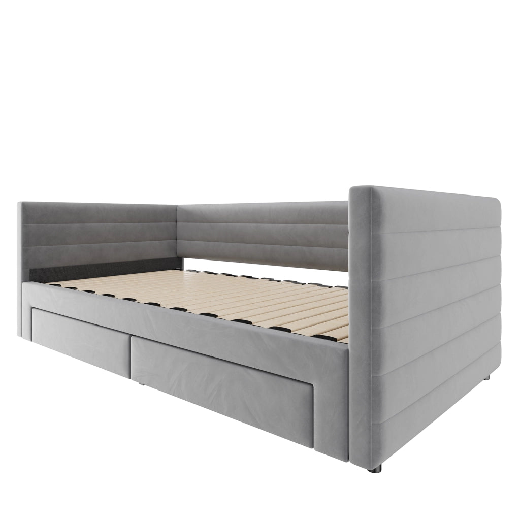 Letto imbottito 90x190 cm estraibile 3 in 1 con cassetti in cotone e lino grigio