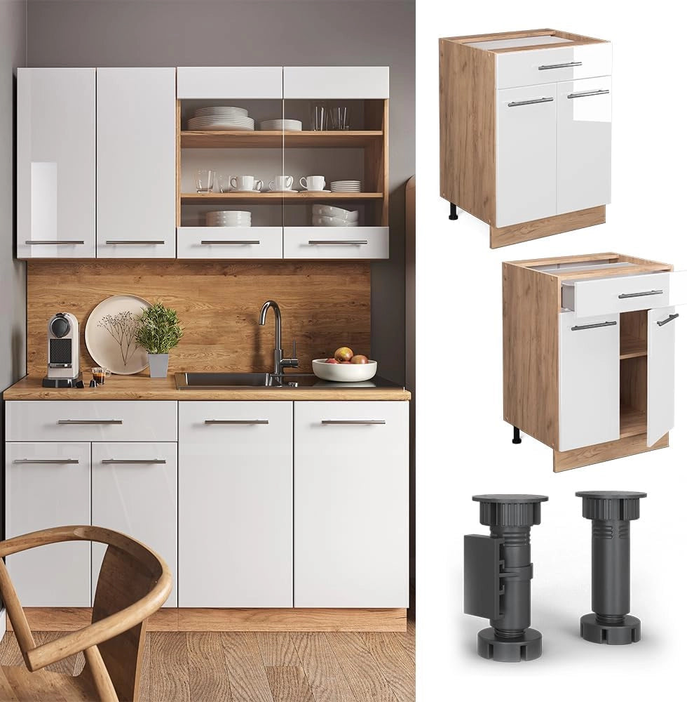 Mobiletto base per cucina Fame-Line, Bianco lucido, 60 cm con cassetto, PL Marmo, per la combinazione con altri moduli della serie Fame-Line