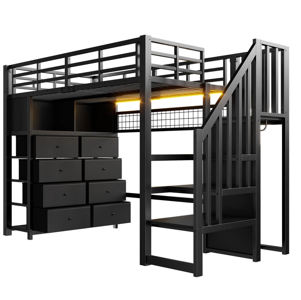 Letto a soppalco 90x200 cm con 8 cassetti, LED e scala con armadio nero