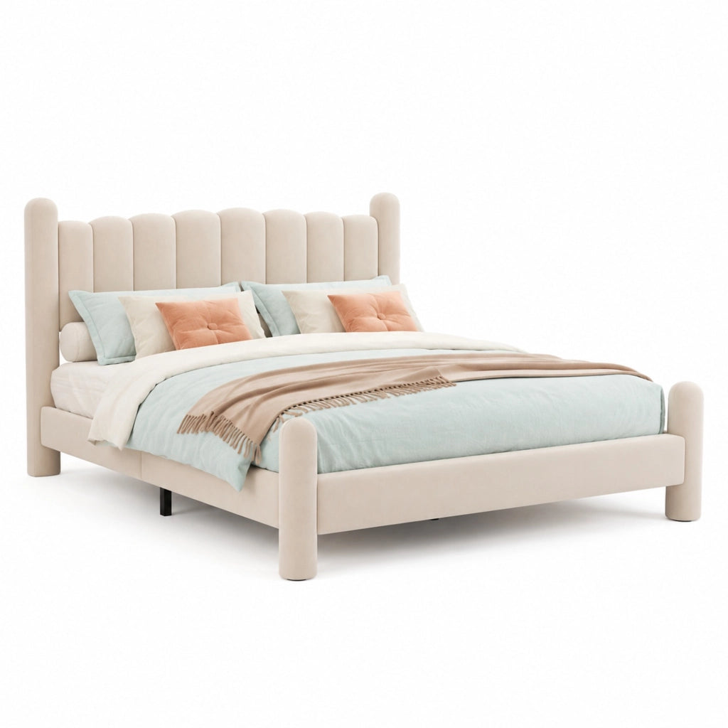 Letto imbottito 180x200 cm in velluto beige con testiera ondulata e rete a doghe