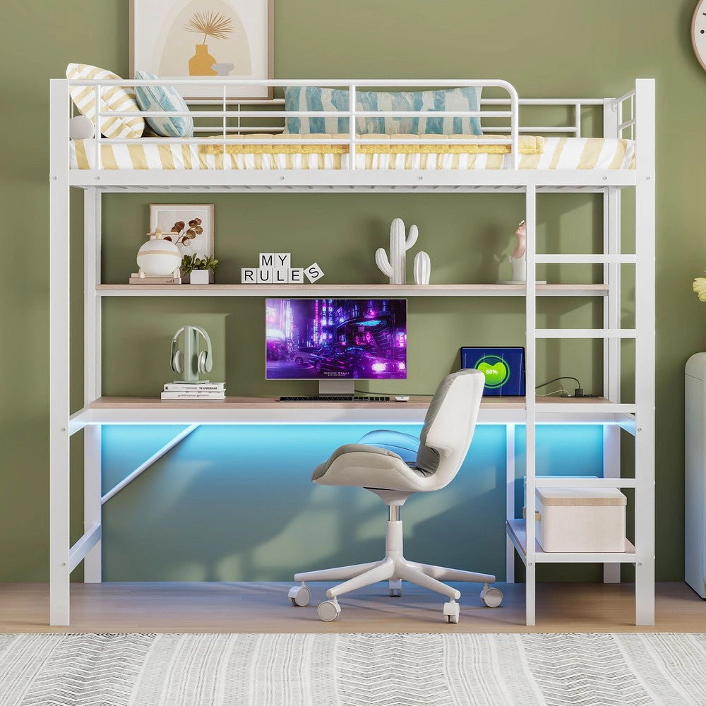 Letto a Soppalco con Scrivania, LED e USB ¨C MINIMAL ¨C Metallo Bianco 90x200