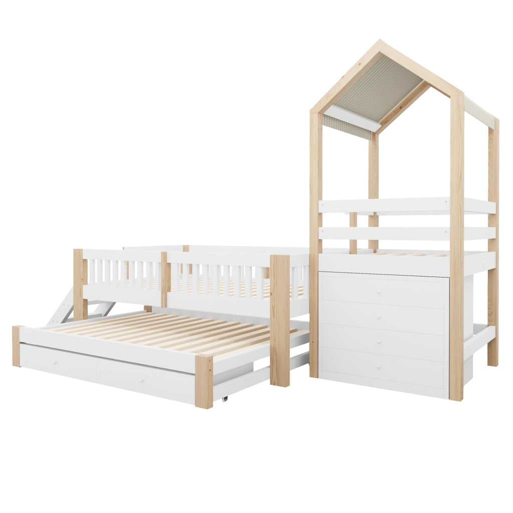 Letto per bambini a casetta 90 × 200 cm con letto estraibile 90 × 190 cm, cassetti e scaletta, senza materasso