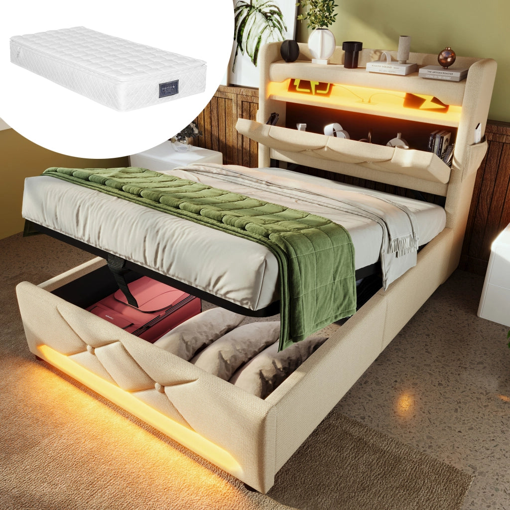 LETTO Contenitore 90x200 cm Beige Lino con materasso incluso