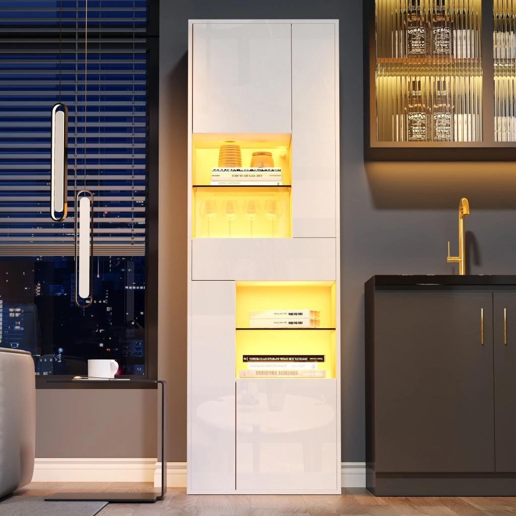 Vetrina con led e 1 cassetto, 4 ante e 11 vani, in truciolare, bianco, per soggiorno, 55 × 38 × 170 cm