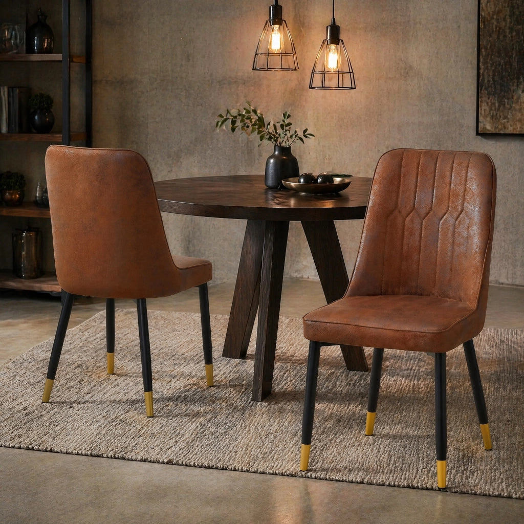 Set di 2 sedie da pranzo moderne con schienale; seduta in tessuto tech marrone e gambe in metallo nero