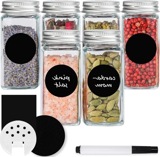 Set di 6 contenitori quadrati per erbe 120 ml - kit di applicazione - coperchio metallico - argento - etichette nere - organizzatore per erbe