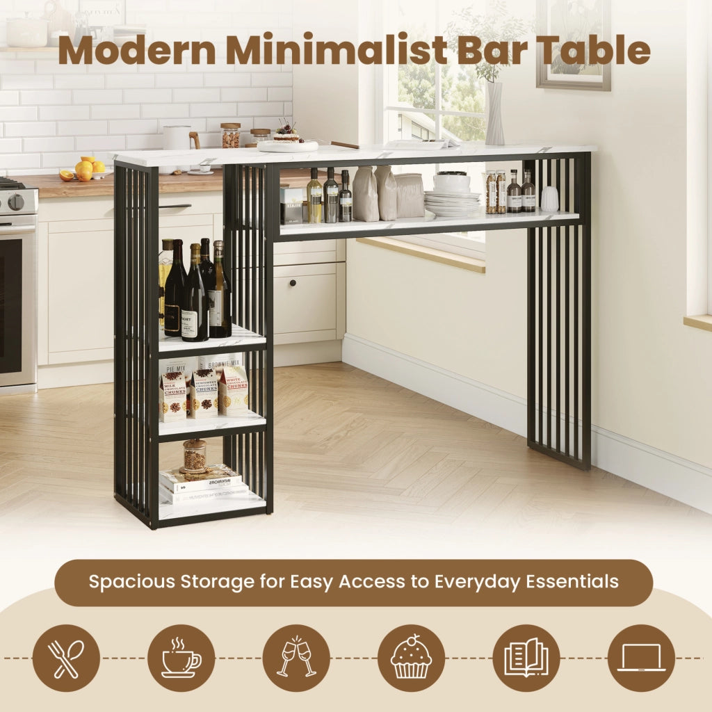 Tavolo da bar con ripiani 140 x 40 x 105 cm in MDF effetto marmo bianco e metallo nero
