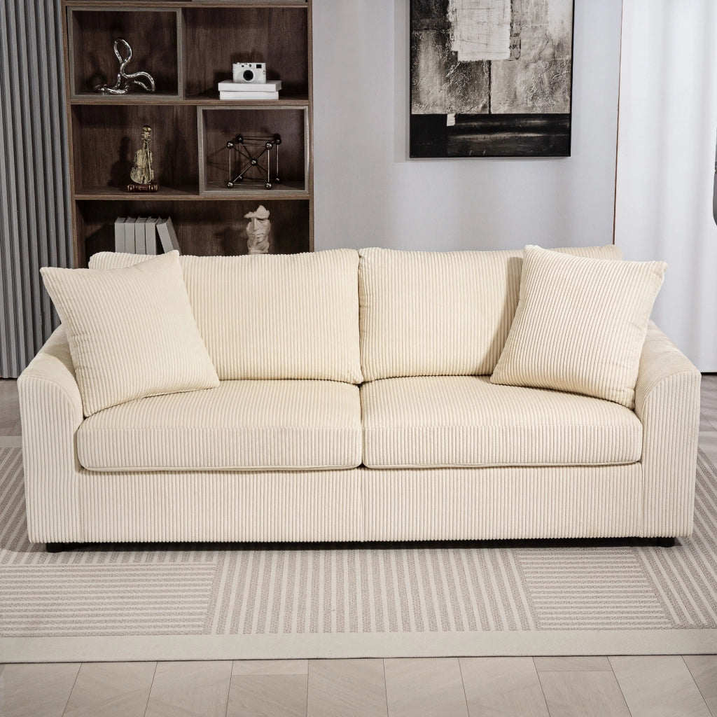 Divano 3 Posti in Tessuto Velluto Trapuntato con Cuscini a Molle ¨C zephmum ¨C Cr¨¨me 212 cm