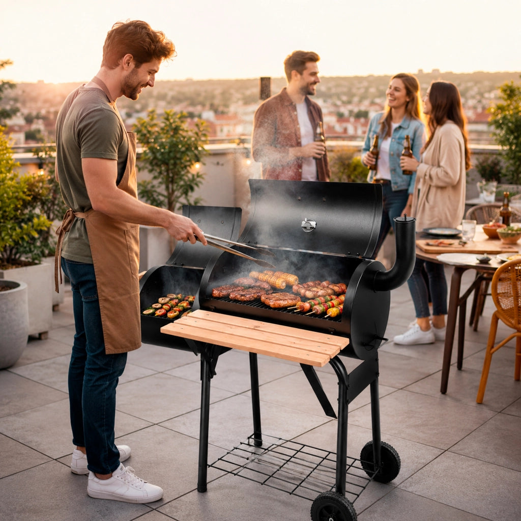 Barbecue A Carbone Con Camera Affumicatrice Laterale BBQ Termometro Integrato Griglie In Acciaio Cromato Ripiano E Maniglie In Legno Con Ruote 109.5 x 59 x 116 Cm Nero
