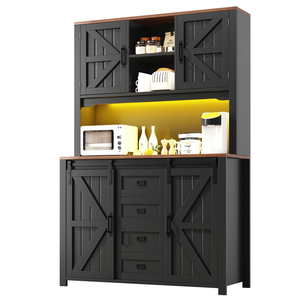 Armadio cucina alto con ante scorrevoli e illuminazione LED - Zephmum- 115x40x174,7 cm - bianco/nero